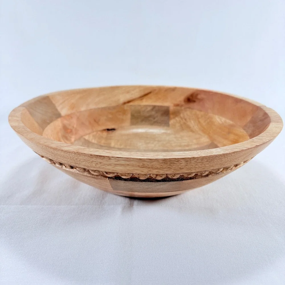 Foreside Wood Bead Bowl 10 Inch Brown Mango Wood Beaded Trim FDAD08033